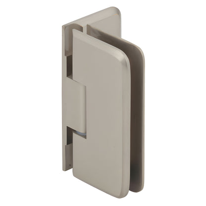 PET044BN brushed-nickel wall-mount offset shower hinge, brass, for 1/4-5/16 (6-8mm) frameless glass.