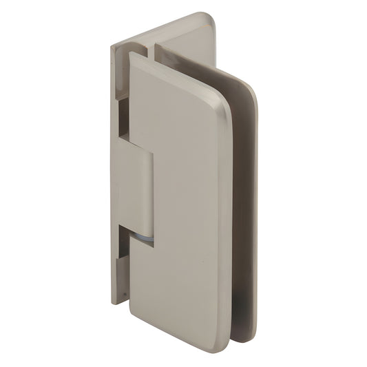 PET044BN brushed-nickel wall-mount offset shower hinge, brass, for 1/4-5/16 (6-8mm) frameless glass.