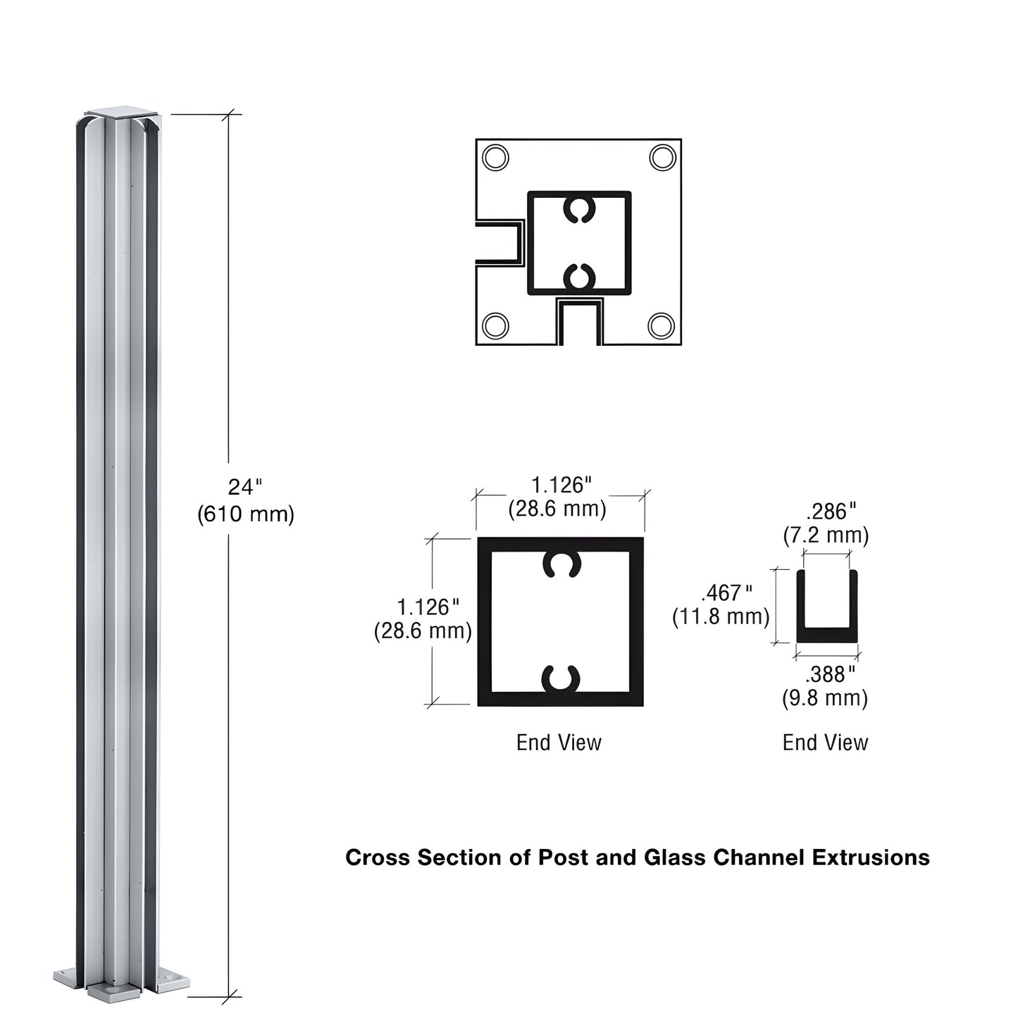 Satin anodized aluminum 24in square corner partition post with U-channels for 1/4" glass, SKU D990A24CR.