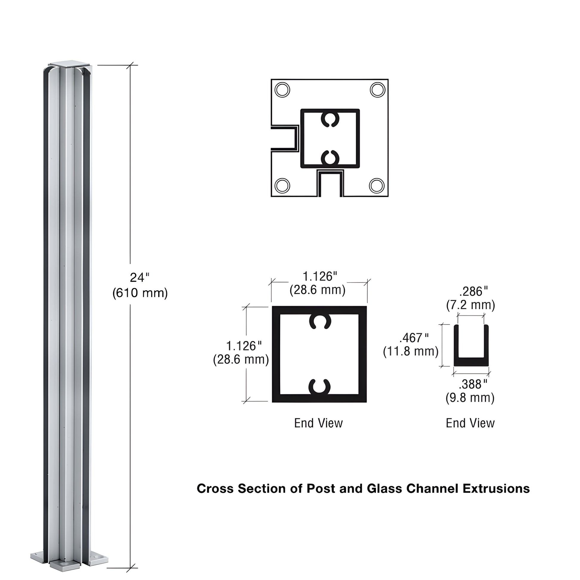 Satin anodized aluminum 24in square corner partition post with U-channels for 1/4" glass, SKU D990A24CR.