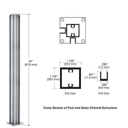 Satin anodized aluminum 24in square corner partition post with U-channels for 1/4" glass, SKU D990A24CR.
