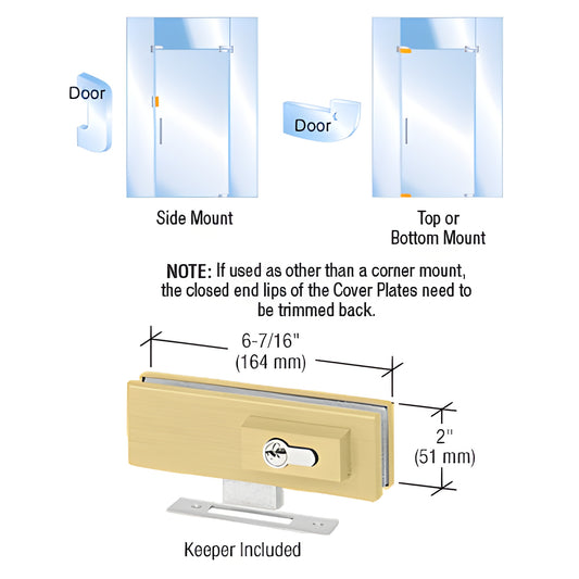 EUR205SB satin brass European-style patch lock for frameless glass doors, keeper included; 6-7/16 x 2" (164 x 51 mm)