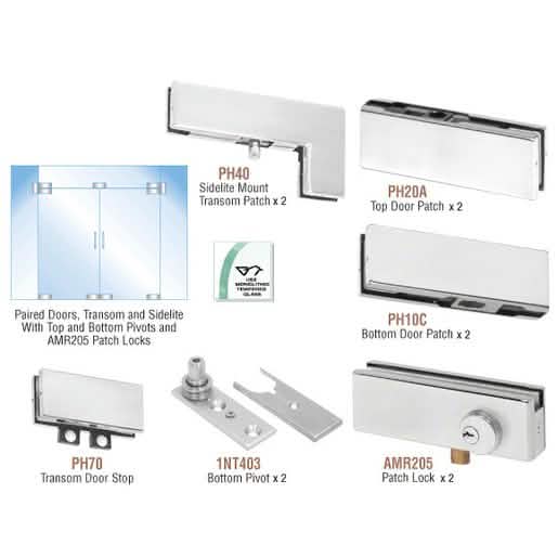 CRL Satin Anodized Patch Door Kit for Double Doors with Lock, Fixed Transom & Sidelites