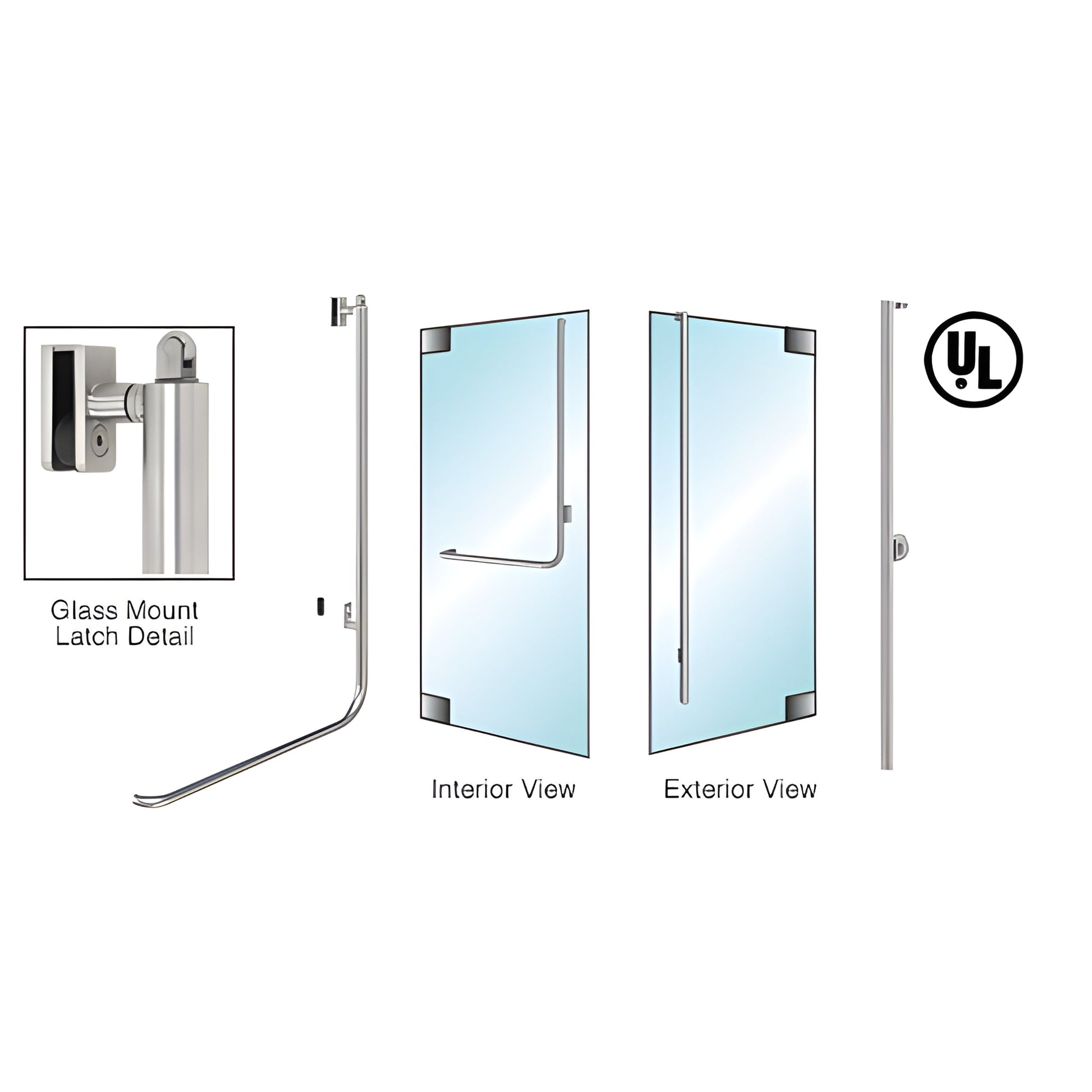 Brushed stainless steel PA100 panic handle for all-glass doors, 1-1/4" tube, top latch, exterior keyed - SKU 5P100FS3GKBS