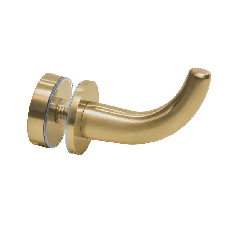 Satin brass solid brass Designer Series robe hook, curved through-glass or wall mount for shower doors (DRH1SB)