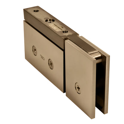 CAR07BBRZ Brushed-bronze solid brass squared pivot hinge for 8-10mm glass, top/bottom mount, self-centering