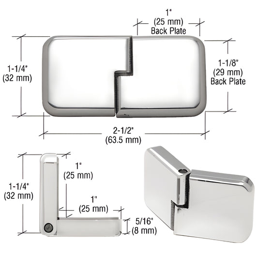 Chrome brass glass door hinge (UV Classic), for 1/4" (6mm) glass, 2-1/2" wide, chrome finish, pair.