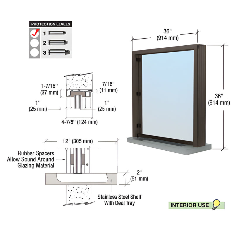 S11W3636DU: 36x36 interior aluminum bullet-resistant transaction window, bronze anodized frame, 1.25 in acrylic glazing, stai