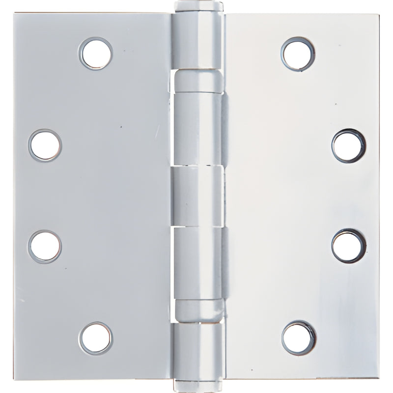 Satin chrome ball-bearing full-mortise door hinge (BB10A), 4-1/2" x 4", six-hole, standard pin.