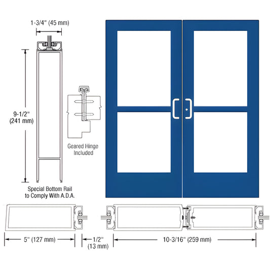 CRL CZ52871 wide-stile double entrance door in blue with four glass panels, ADA bottom rail and 5-inch stiles.