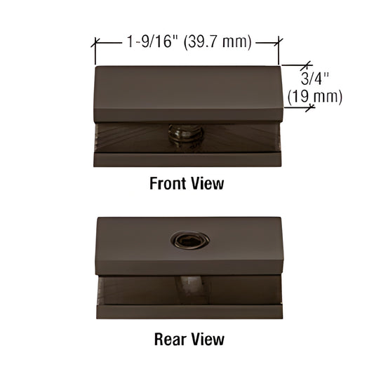 Oil-rubbed bronze solid brass no-drill fixed panel clamp (NDC60RB) for 1/4" (6mm) tempered glass, front and rear views.