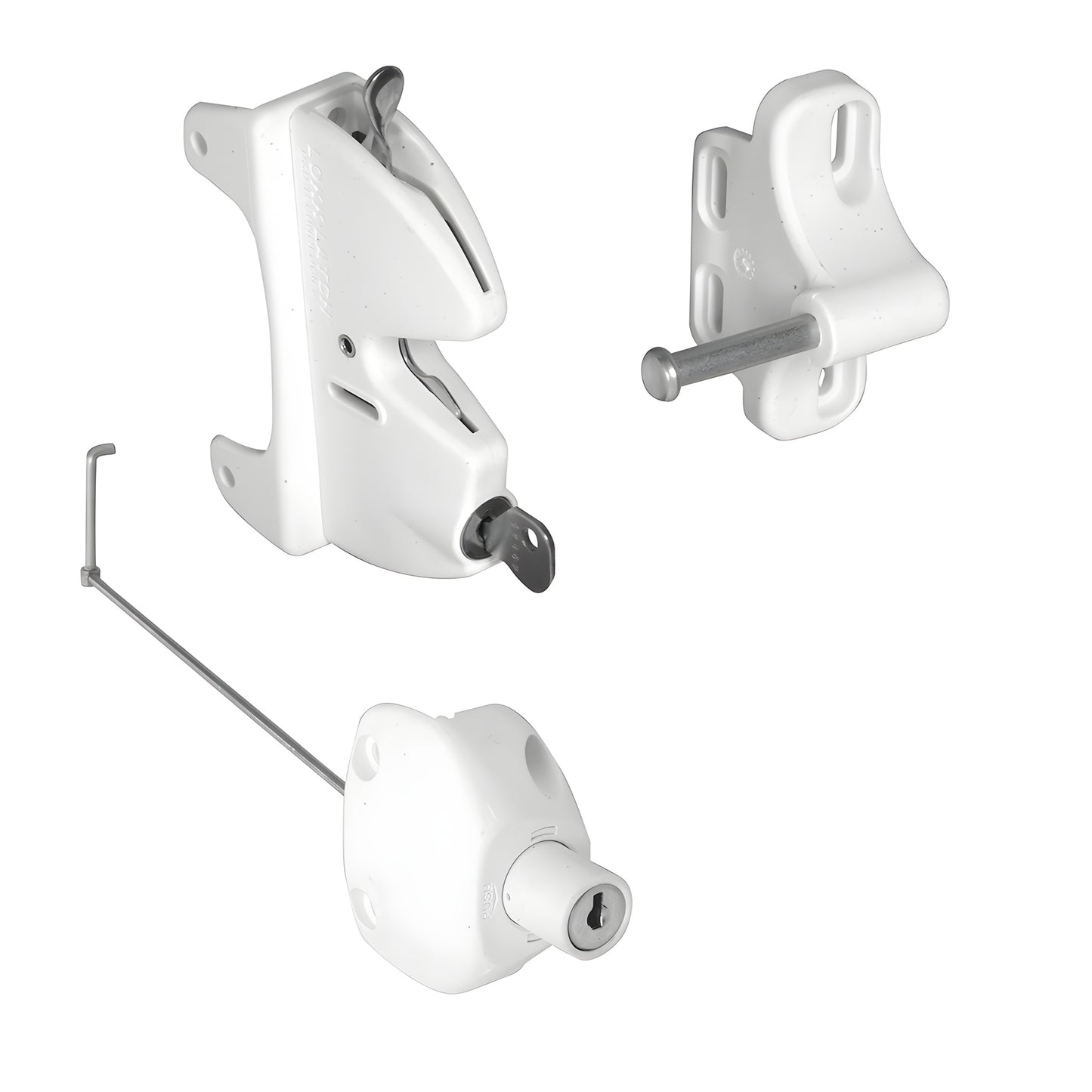White CRL Lokk-Latch LLA2W gate latch set - polymer push-button lock with key cylinder, strike and reversible adapter