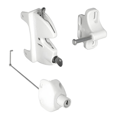 White CRL Lokk-Latch LLA2W gate latch set - polymer push-button lock with key cylinder, strike and reversible adapter