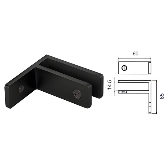 Matte black no-drill glass bracing clamp (SKU GBCWMMBL) for 10-12mm glass, L-shaped Duplex 2205 stainless steel, 65mm.