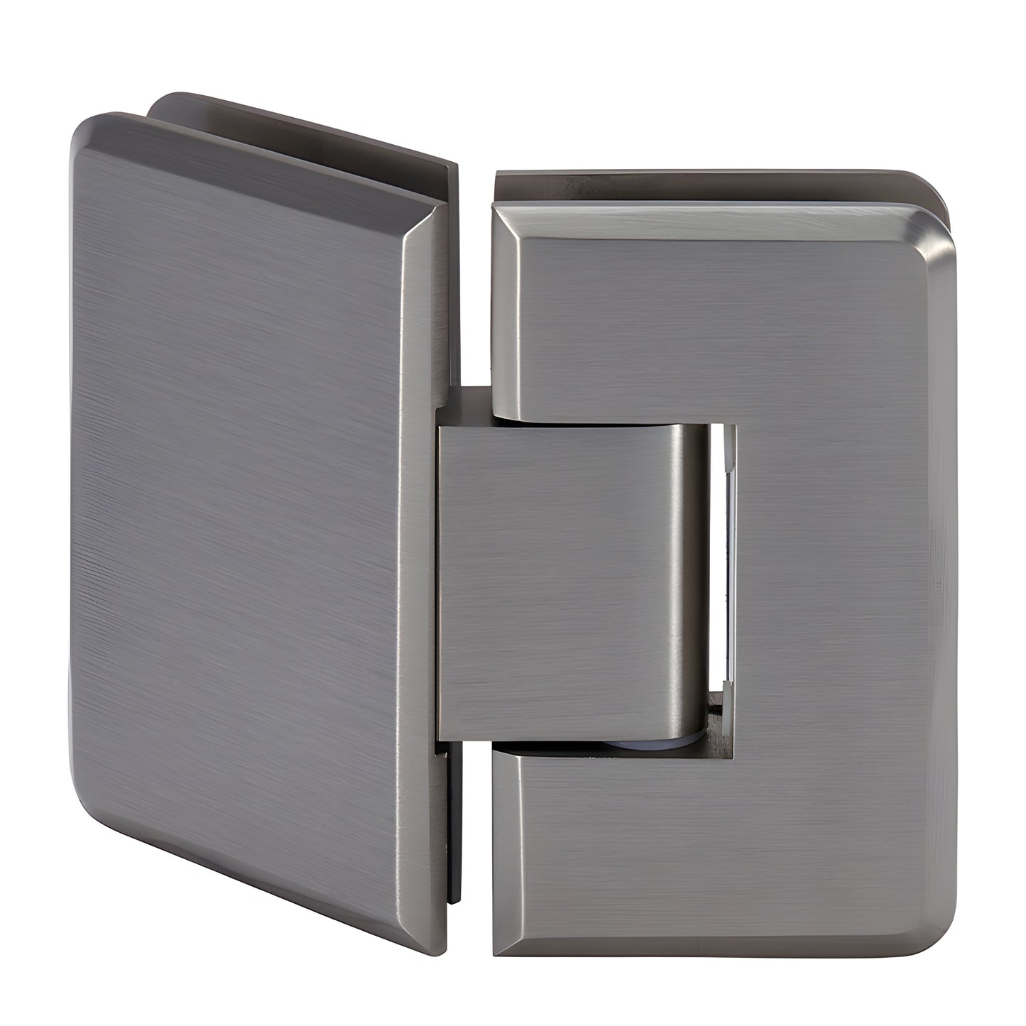 Brushed-nickel beveled 135 glass-to-glass shower hinge, solid brass, self-centering - SKU C0L045BN.