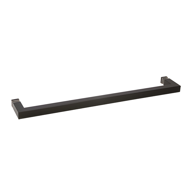 Matte black square-corner 24" single-sided towel bar for frameless glass showers, SKU SQ24MBL.