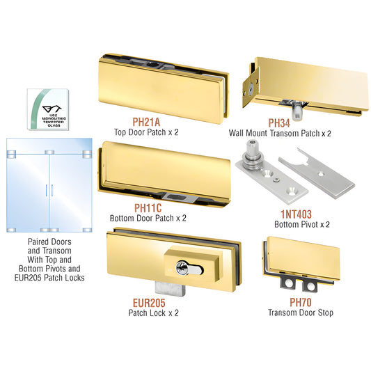 PHE6LBR polished brass European glass double-door hardware kit with top/bottom patches, pivots, transom stop and patch locks.