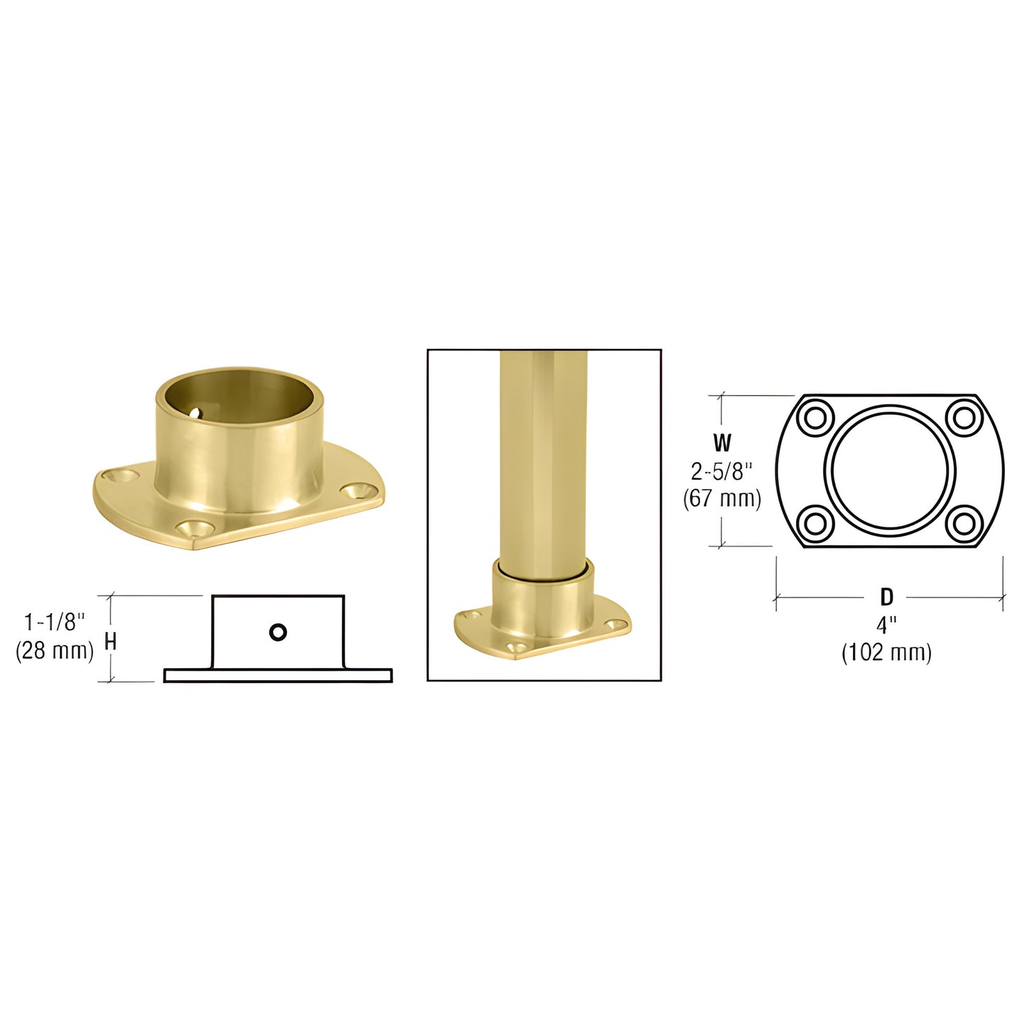 HR20ZPB polished brass cut flange for partition posts and sneeze guard tubing, 4" x 2-5/8", 1-1/8" H