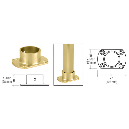 HR20ZPB polished brass cut flange for partition posts and sneeze guard tubing, 4" x 2-5/8", 1-1/8" H