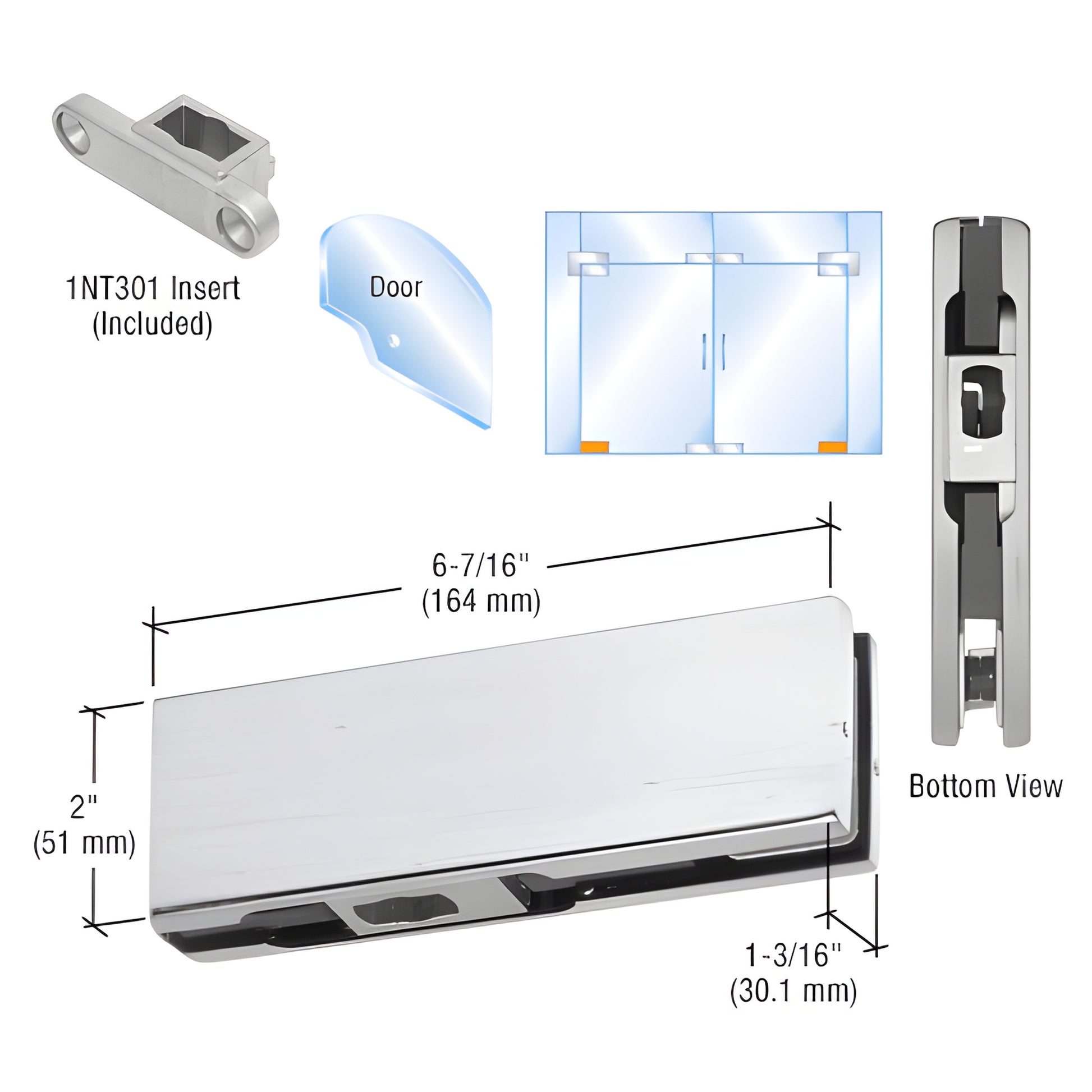 PH10CBS brushed stainless steel bottom gate patch fitting for 3/8-1/2 tempered glass, includes 1NT301 insert and template.