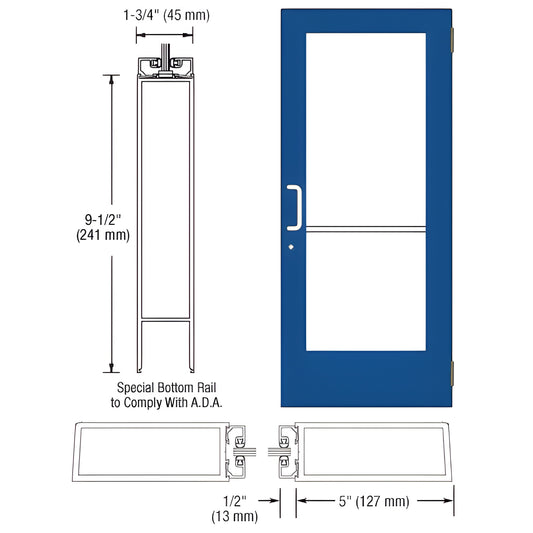Custom Kynar wide stile entrance door SKU DE51571 - blue, 5" stiles, 91 2" ADA bottom rail, large glass panel with push/pull ha