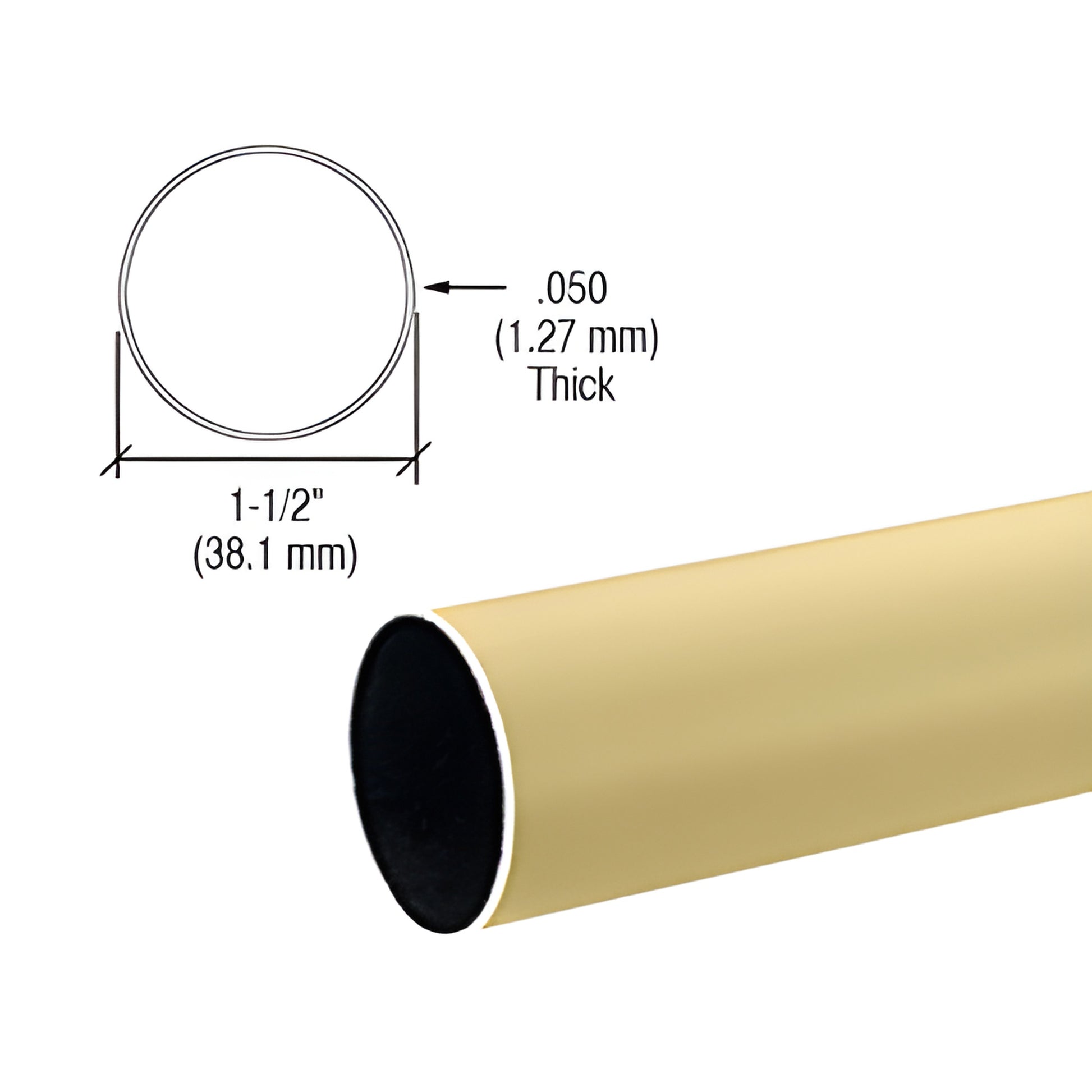Satin brass round tubing, 1-1/2" (38 mm) OD, .050" wall, hollow end visible - SKU HR15SB.