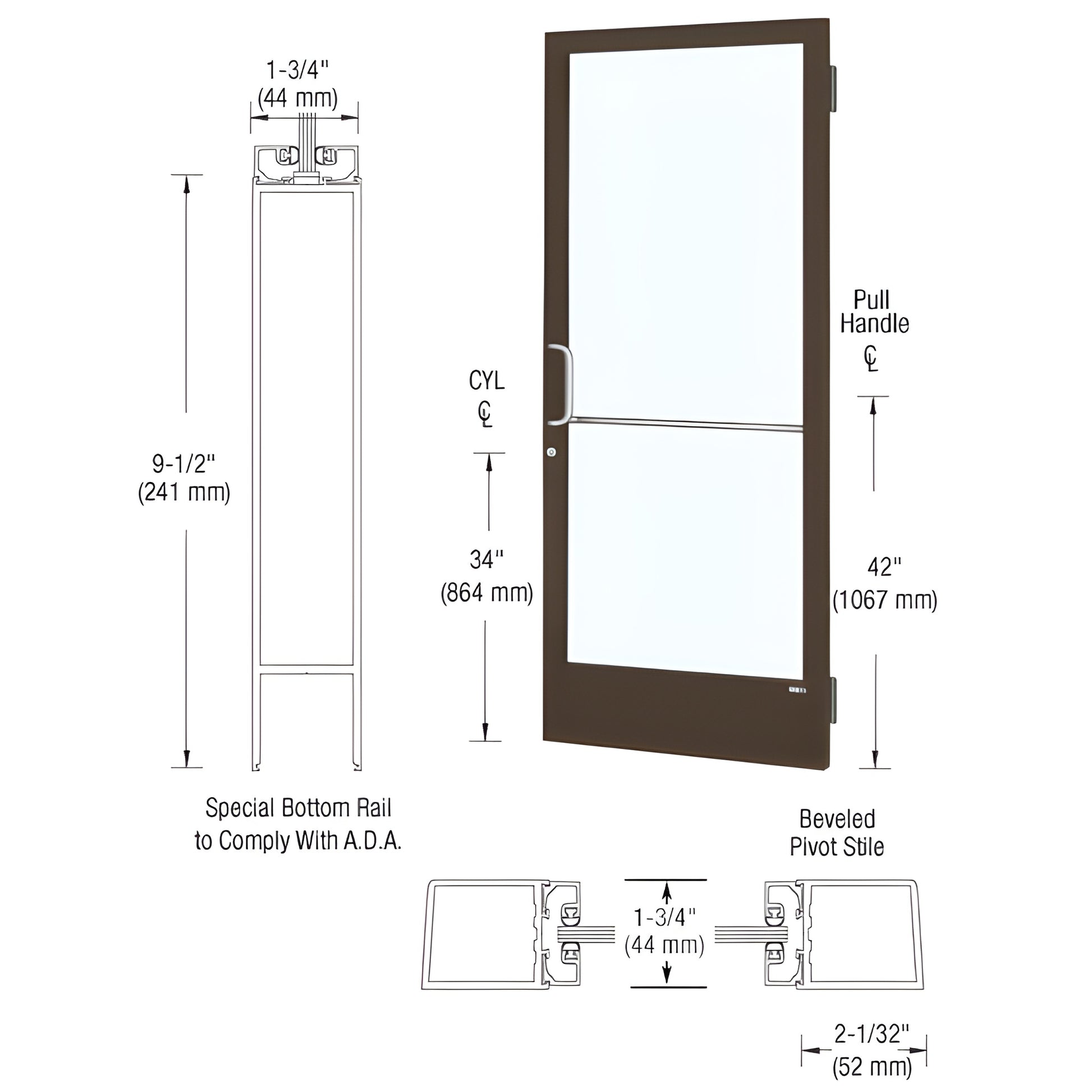 DE21522: black bronze anodized narrow-stile commercial entrance door with glazed glass and 9-1/2" ADA bottom rail