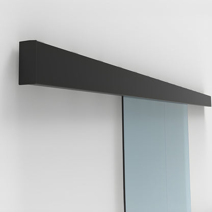 CRL50S2MBL matte-black top track for synchronized bi-parting tempered glass doors with two sliding panels.