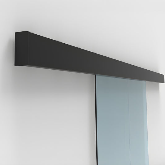 CRL50S2MBL matte-black top track for synchronized bi-parting tempered glass doors with two sliding panels.