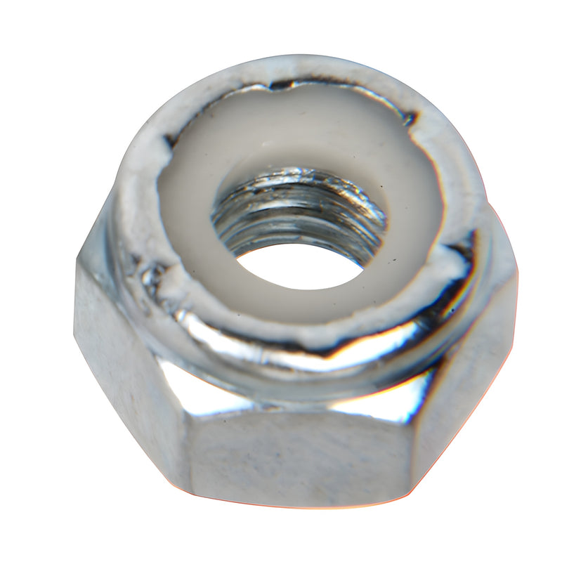 Close-up stainless steel nylock hex nut with white nylon insert, 5/16-18 thread (NLN51618S)