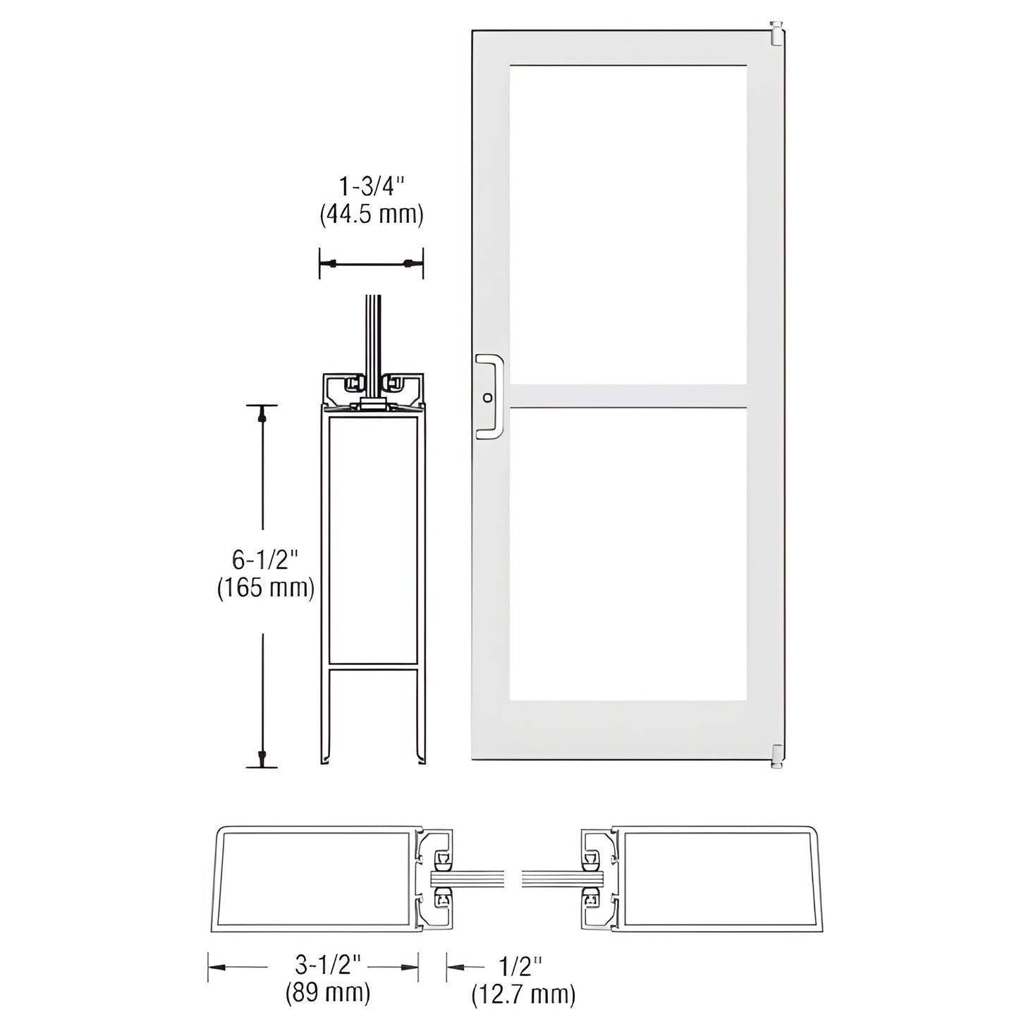 White Kynar commercial medium stile storefront entrance door, 3.5 in stiles, 6.5 in bottom rail, glass panel, offset pivot pr