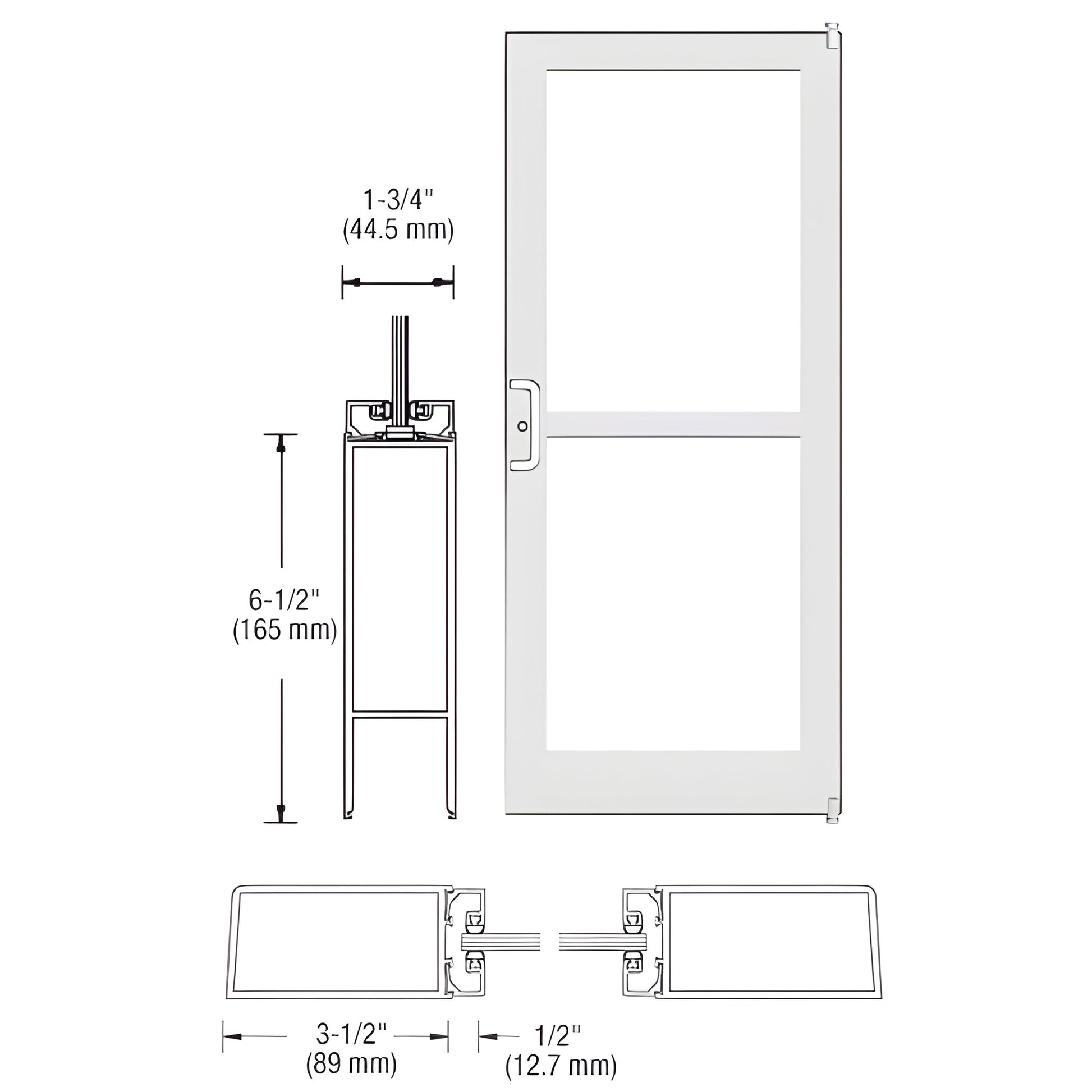White Kynar commercial medium stile storefront entrance door, 3.5 in stiles, 6.5 in bottom rail, glass panel, offset pivot pr