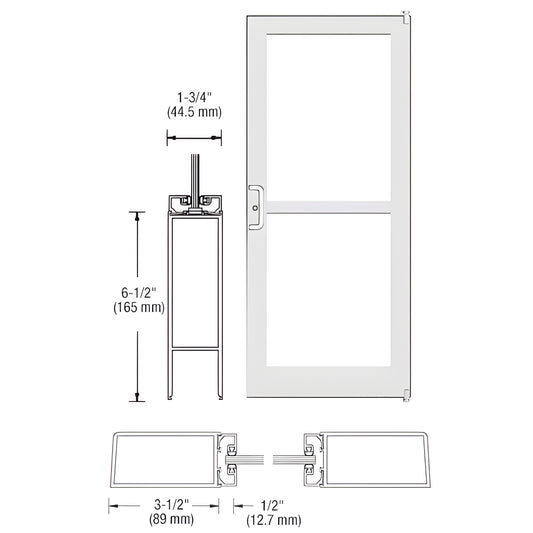 White Kynar commercial medium stile storefront entrance door, 3.5 in stiles, 6.5 in bottom rail, glass panel, offset pivot pr