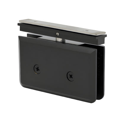 PPH06MBL matte black brass top-mount pivot hinge for 8-10mm glass shower door, beveled design.