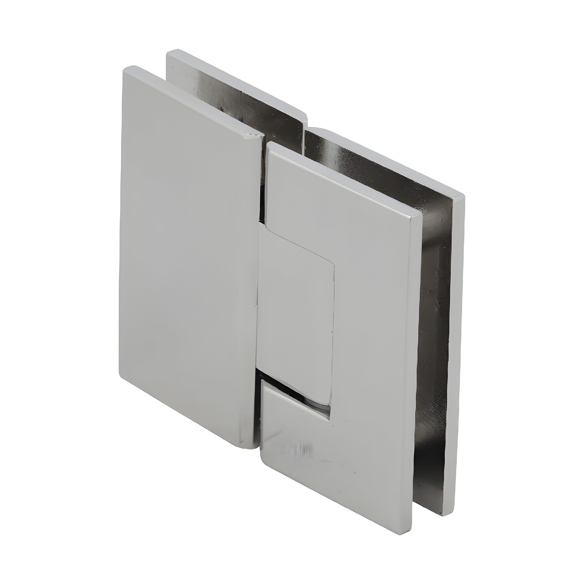 Polished nickel glass-to-glass shower hinge GEN580PN - square brass Geneva hinge, 5 pre-set, for 8-12mm glass.