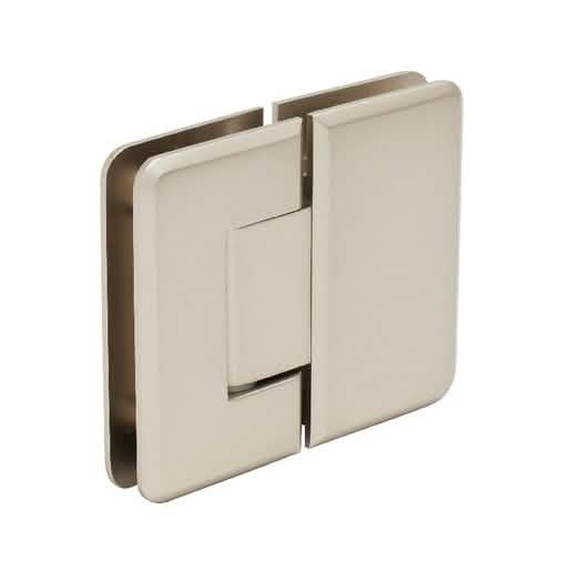 CRL Satin Nickel Pinnacle 180° Glass-to-Glass Hinge for seamless door installation.