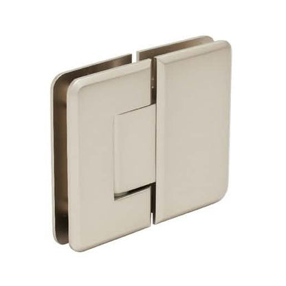 CRL Satin Nickel Pinnacle 180° Glass-to-Glass Hinge for seamless door installation.