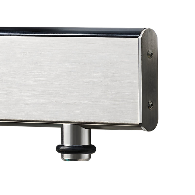 LAT34DSBS brushed stainless steel replacement door stop with black rubber bumper, close-up on end mount