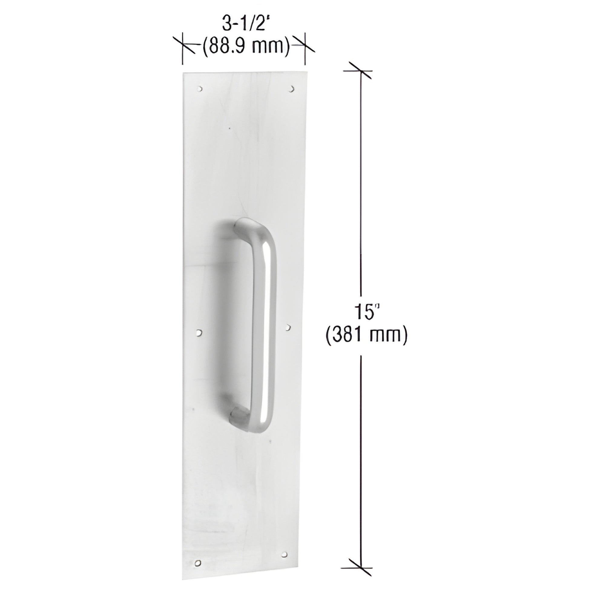 CRL SKU 67N satin aluminum push plate - 15" x 3-1/2" plate with 3/4" diameter round pull handle.