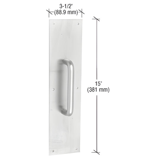 CRL SKU 67N satin aluminum push plate - 15" x 3-1/2" plate with 3/4" diameter round pull handle.