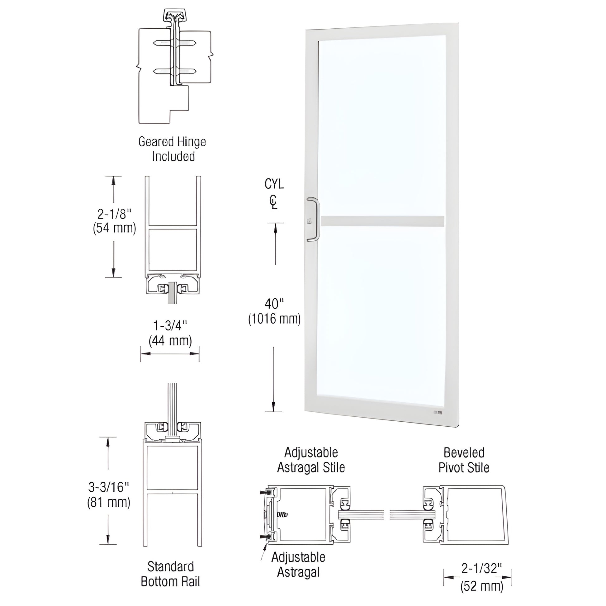 White Kynar narrow stile commercial entrance door with large glass panel, adjustable astragal, SKU DZ22852LA36