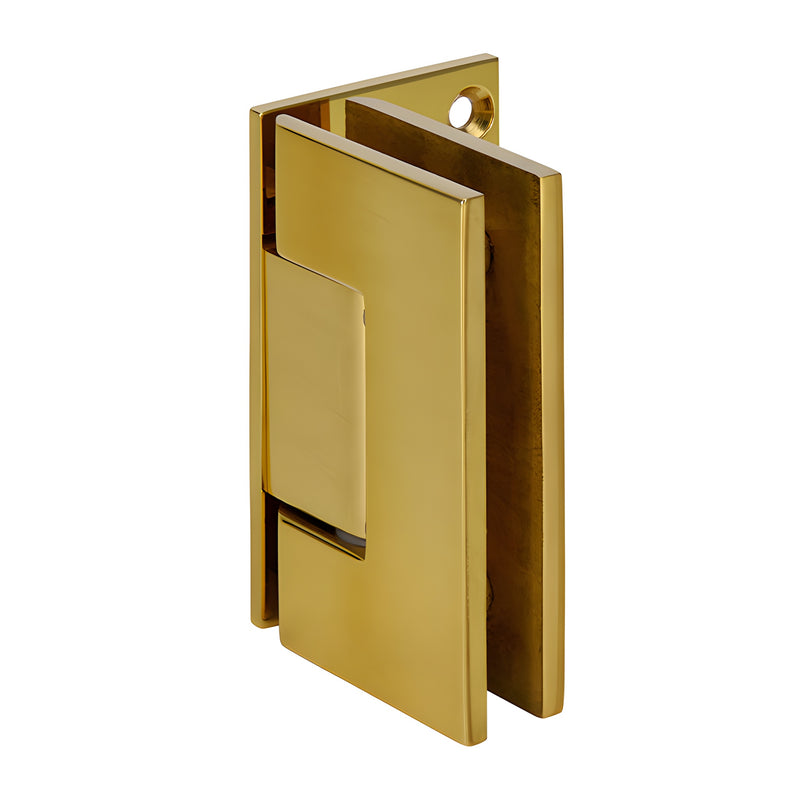 GEN344BR polished brass adjustable Geneva shower door hinge, solid brass square-edge wall-mount for 8-12mm glass.