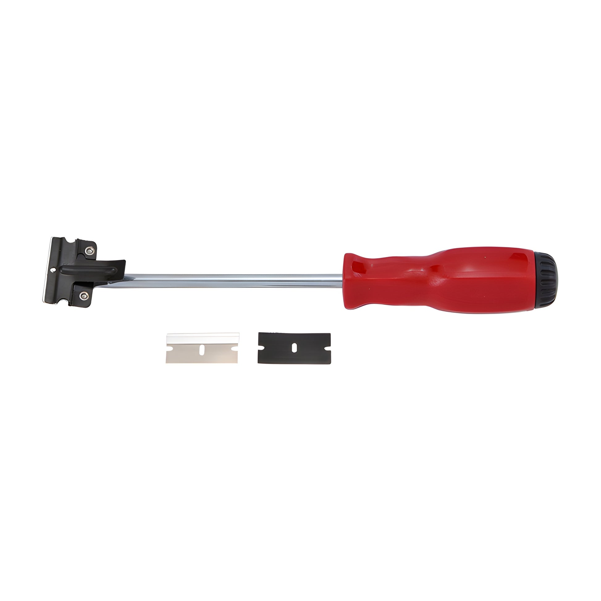 CRL Heavy Duty Razor Scraper L52000 - 11in red handle, long metal shaft and included metal and plastic single-edge blades.