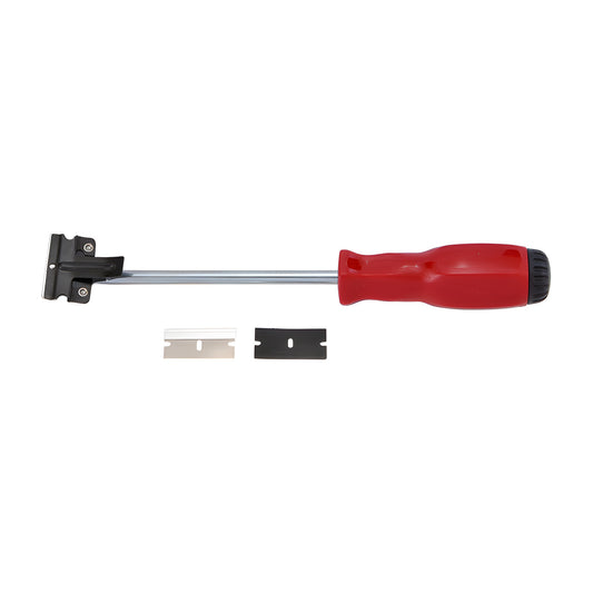 CRL Heavy Duty Razor Scraper L52000 - 11in red handle, long metal shaft and included metal and plastic single-edge blades.