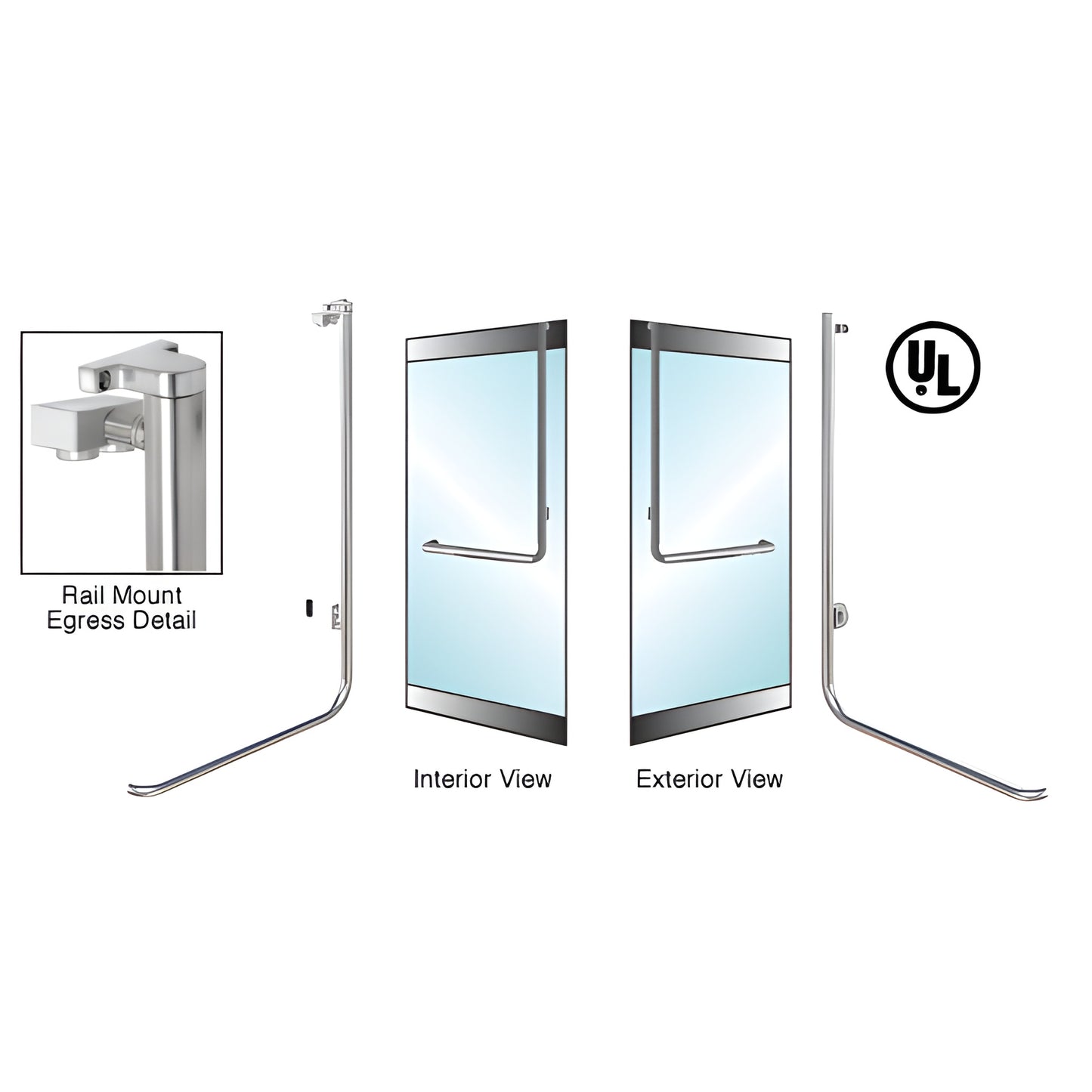 EG100D3RKBS tubular electronic egress handle, brushed stainless, rail mount for 1/2 or 3/4 in glass doors, right-hand.