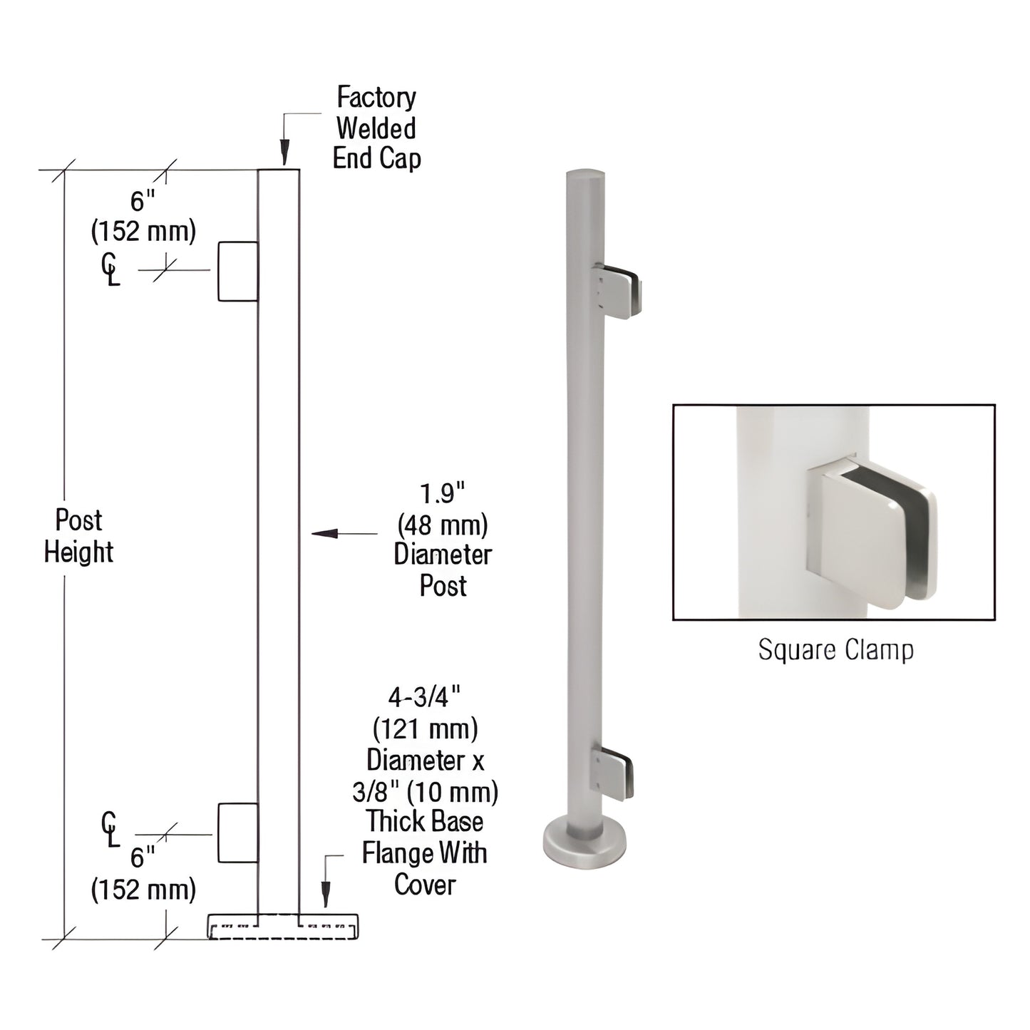 PS36EBS stainless 1.9in round post with square glass clamps, base cover and welded top; fits 1/2in tempered glass