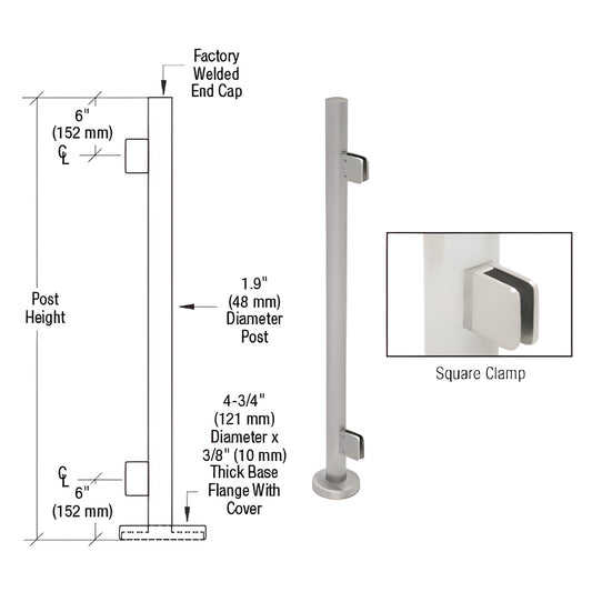PS36EBS stainless 1.9in round post with square glass clamps, base cover and welded top; fits 1/2in tempered glass