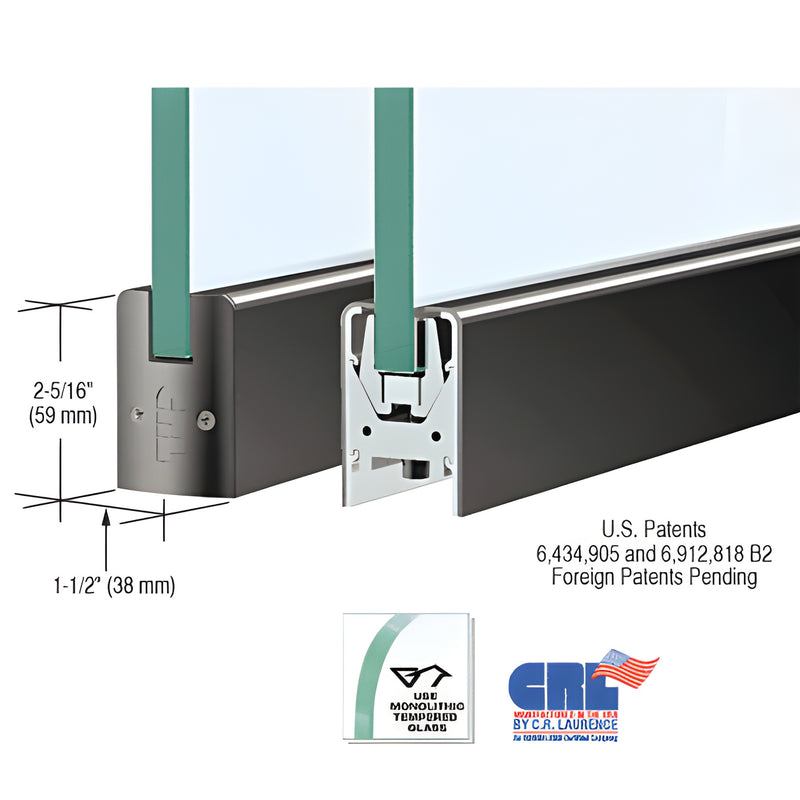 Gloss black low-profile aluminum door rail 35-3/4" for 1/2" glass with Wedge-Lock, 2-5/16" tall.