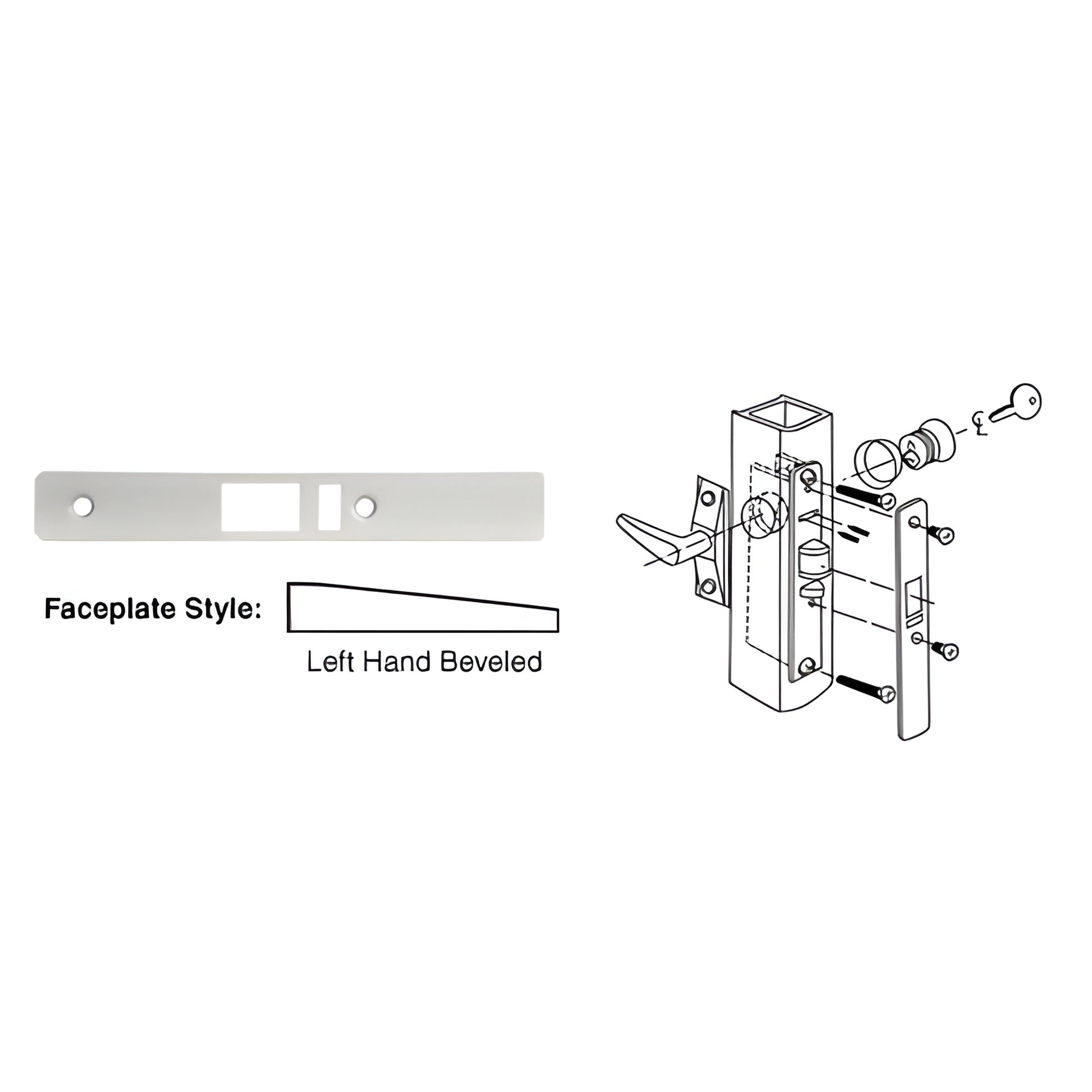 Aluminum left-hand beveled deadlatch faceplate, 1" x 6 7/8" (SKU DL2144A), pre-cut latch and bolt openings.