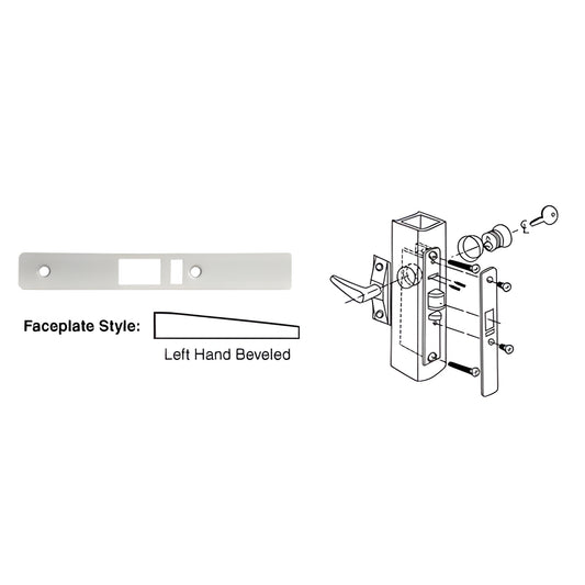 Aluminum left-hand beveled deadlatch faceplate, 1" x 6 7/8" (SKU DL2144A), pre-cut latch and bolt openings.